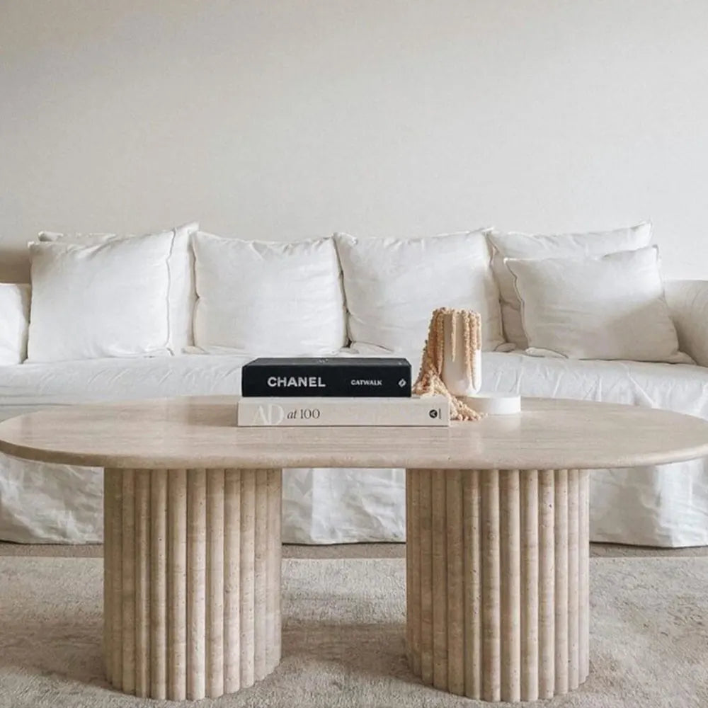 Modern Beige Travertine Round Coffee Table Cylinder