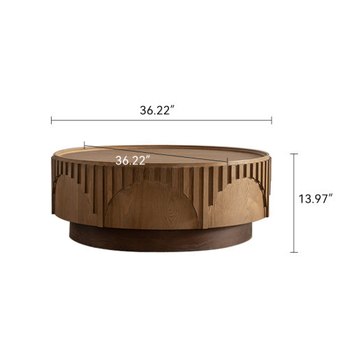 Round Solid-Wood Veneer Coffee Table — Handcrafted Relief Design, Sturdy Pedestal Base