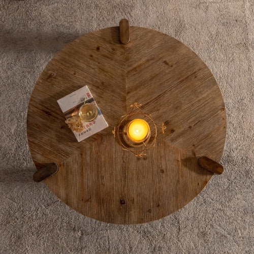 Rustic Natural Wood Round Coffee Table for Living Room – Easy Assembly
