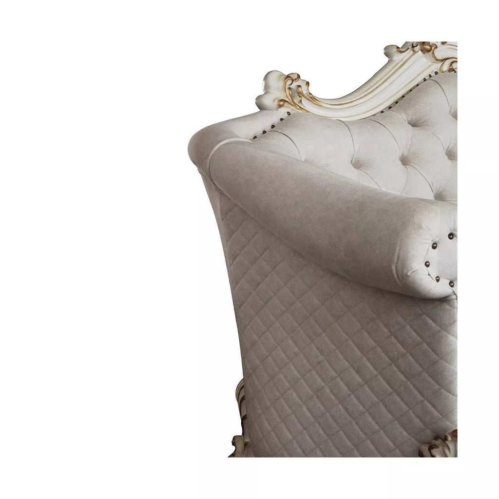 89" Vendome II Sofa: Traditional Off-White Upholstered with Tufted Nailhead Trim, Antique Finish, 3 Accent Pillows