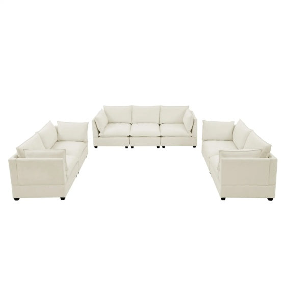 3-Piece Chenille Fabric Sofa Set – 3-Seater + Loveseat + Accent | Beige & White
