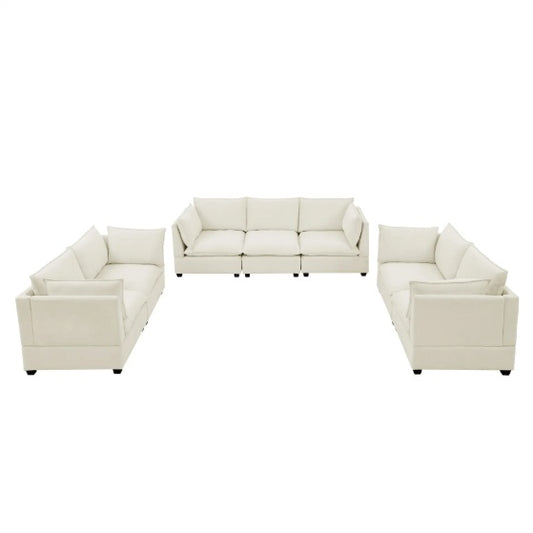 3-Piece Chenille Fabric Sofa Set – 3-Seater + Loveseat + Accent | Beige & White