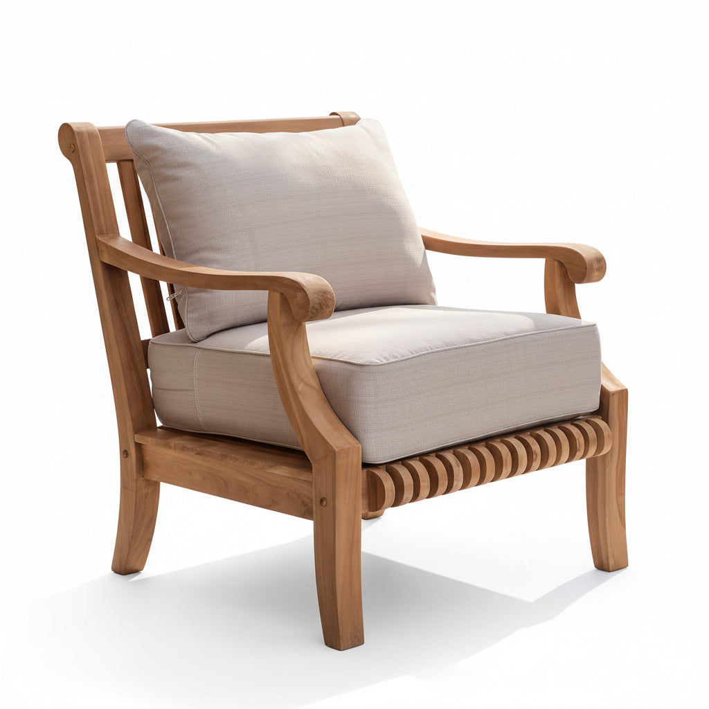Mosko Premium Indonesia Teak Wood Outdoor Lounge Chair with Beige Cushion