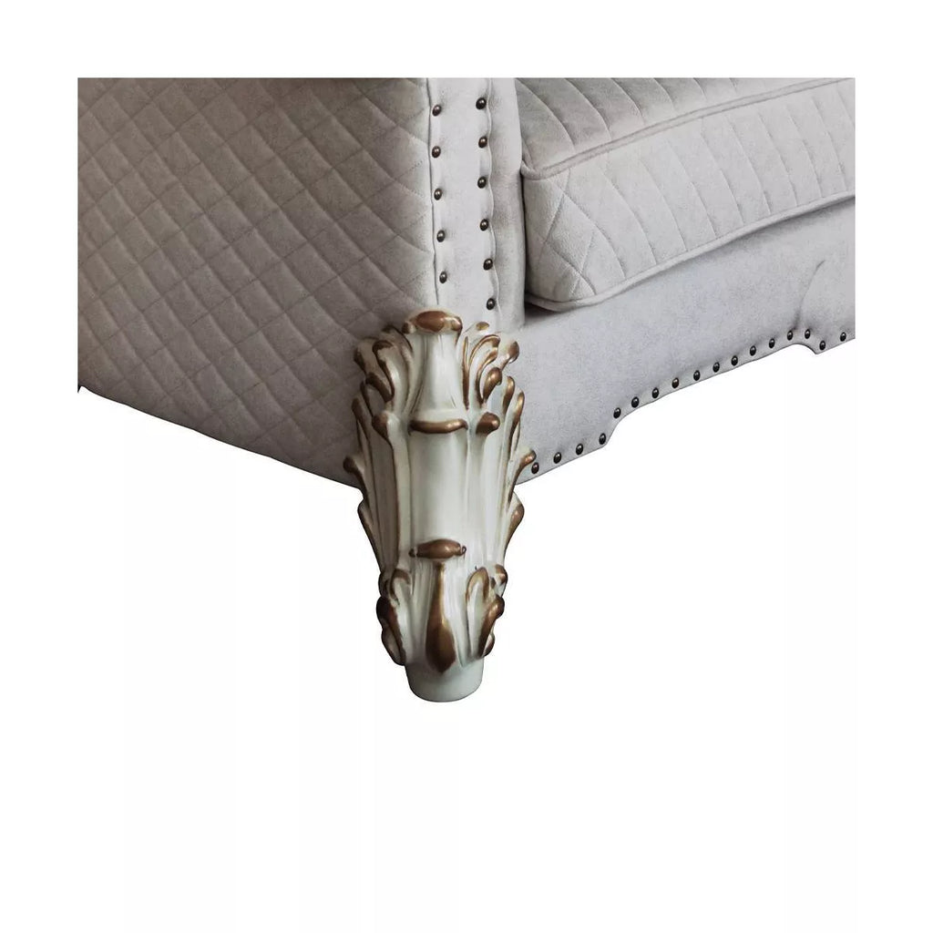 89" Vendome II Sofa: Traditional Off-White Upholstered with Tufted Nailhead Trim, Antique Finish, 3 Accent Pillows