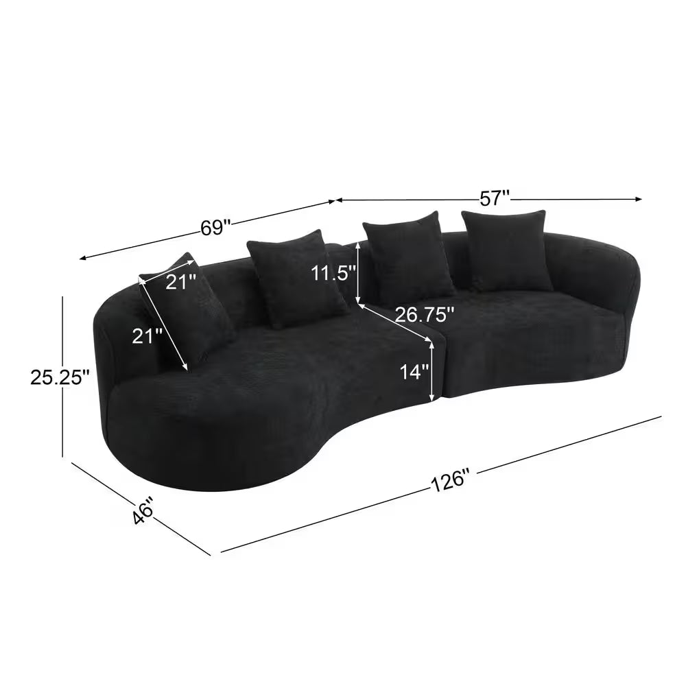 Haven 126.25 In. Modern Boucle Fabric Upholstered 5-Seater Sectional Sofa In. Black with Pillows, Full Foam