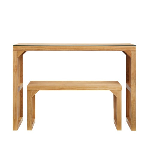 Pine Wood Dining Bench & Table Set — Natural Finish with Tempered Glass Top