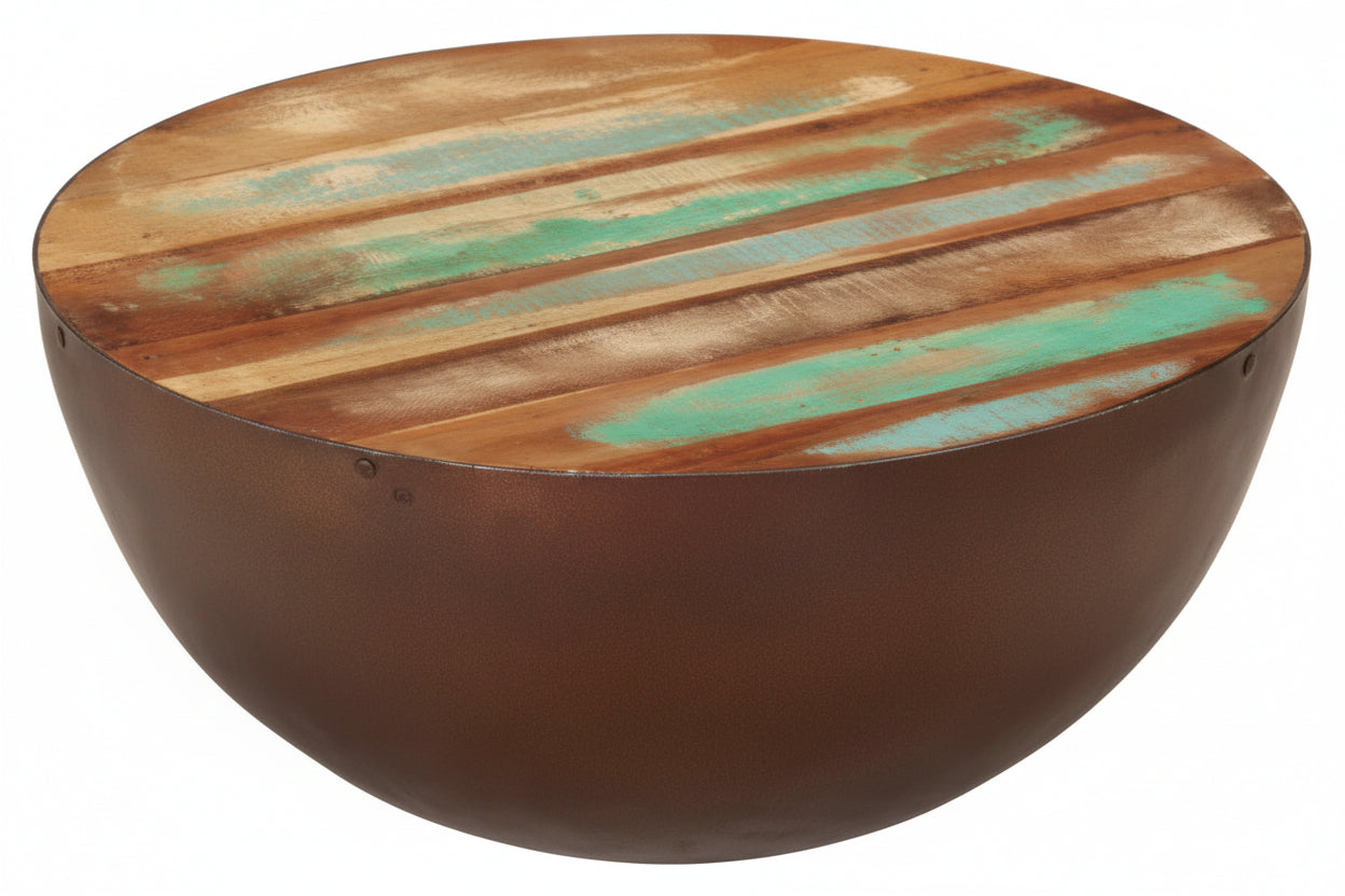 Rustic Bowl-Shaped Solid Reclaimed Wood Coffee Table