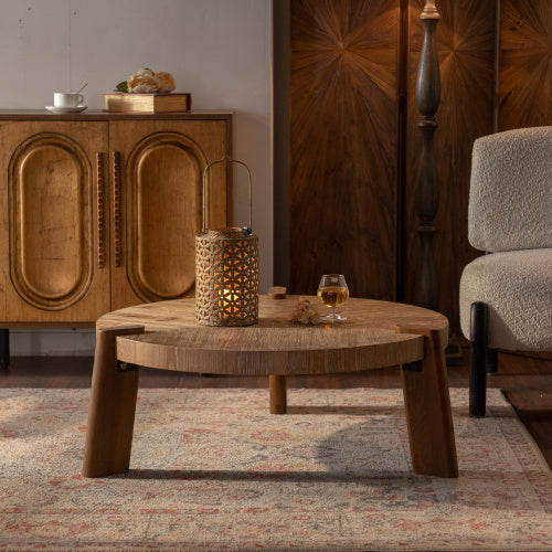 Rustic Natural Wood Round Coffee Table for Living Room – Easy Assembly