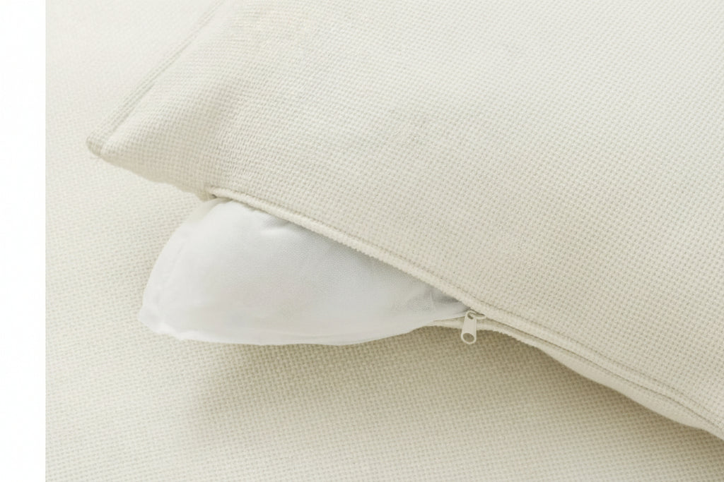 Convertible 4-Seat Cloud Sectional Sofa with Ottoman – L-Shaped, Padded Armrests, Beige/Beige-White