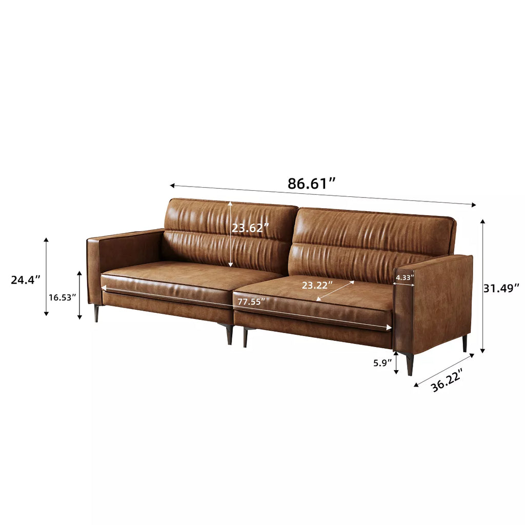Luck Live Modern 86.61 Inch Luxury Brown Oil Wax Leather Couch – High-End Vintage Sofa with Sturdy Frame and Cozy Feel.