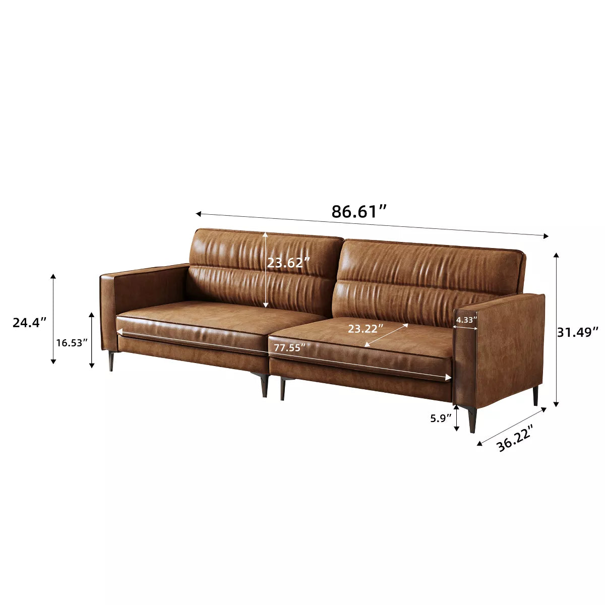 Luck Live Modern 86.61 Inch Luxury Brown Oil Wax Leather Couch – High-End Vintage Sofa with Sturdy Frame and Cozy Feel.