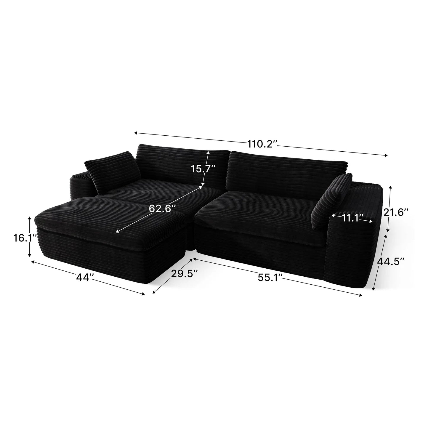 Cloud Sectional Couch with L-Shape Chaise — Black Modular Sofa, No Assembly