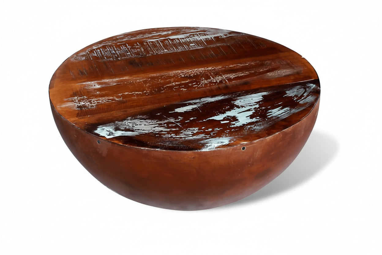 Rustic Bowl-Shaped Solid Reclaimed Wood Coffee Table