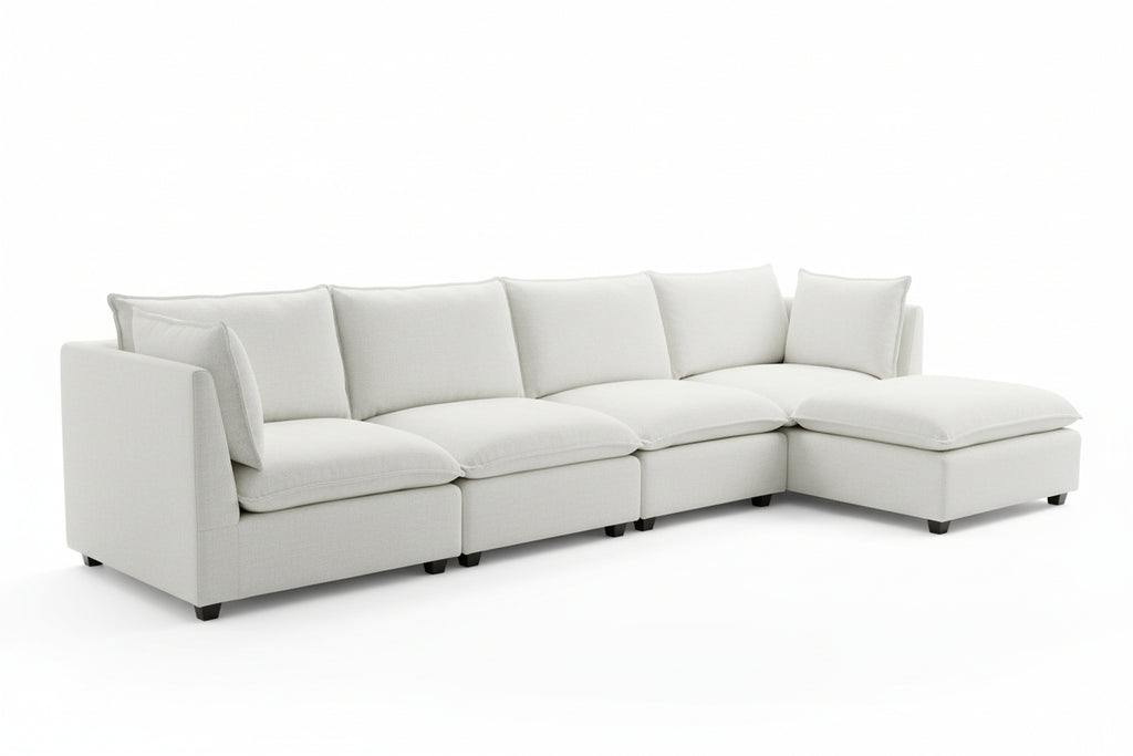 Convertible 4-Seat Cloud Sectional Sofa with Ottoman – L-Shaped, Padded Armrests, Beige/Beige-White