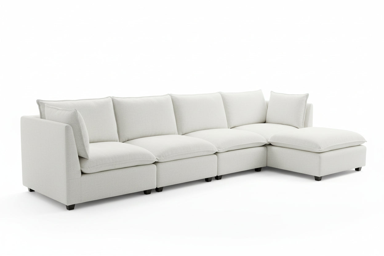 Convertible 4-Seat Cloud Sectional Sofa with Ottoman – L-Shaped, Padded Armrests, Beige/Beige-White