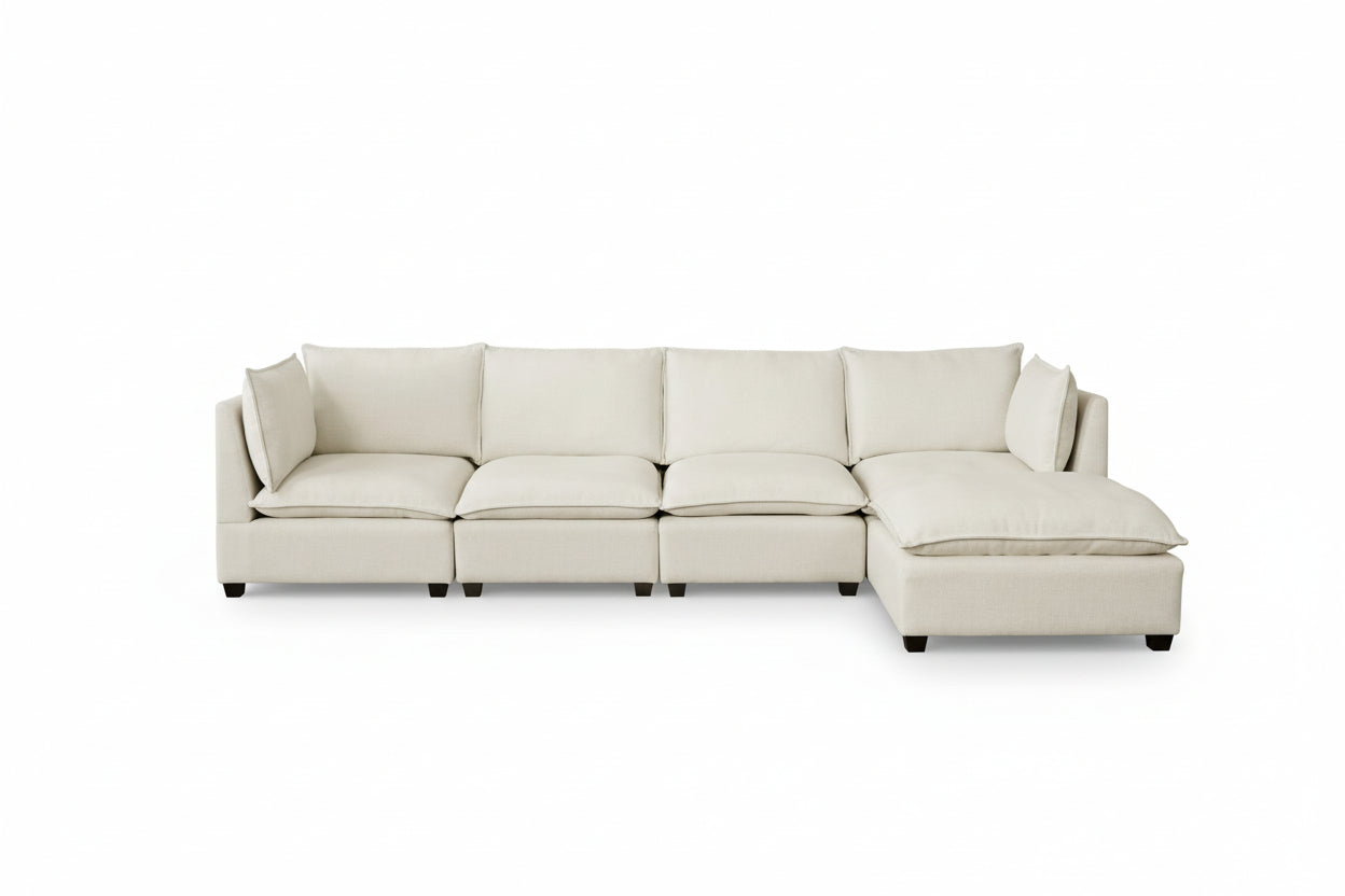 Convertible 4-Seat Cloud Sectional Sofa with Ottoman – L-Shaped, Padded Armrests, Beige/Beige-White