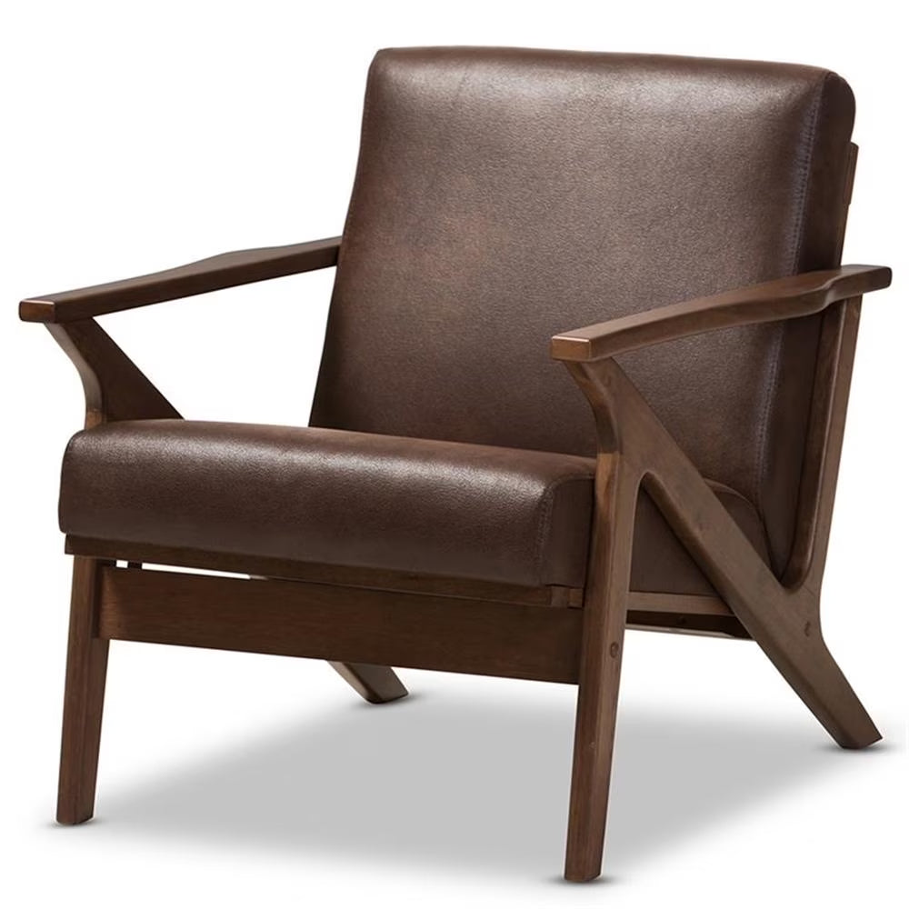 Baxton Studio Bianca Mid-Century Modern Walnut Wood Dark Brown Distressed Faux Leather Lounge Chair
