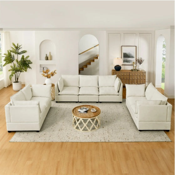 3-Piece Chenille Fabric Sofa Set – 3-Seater + Loveseat + Accent | Beige & White