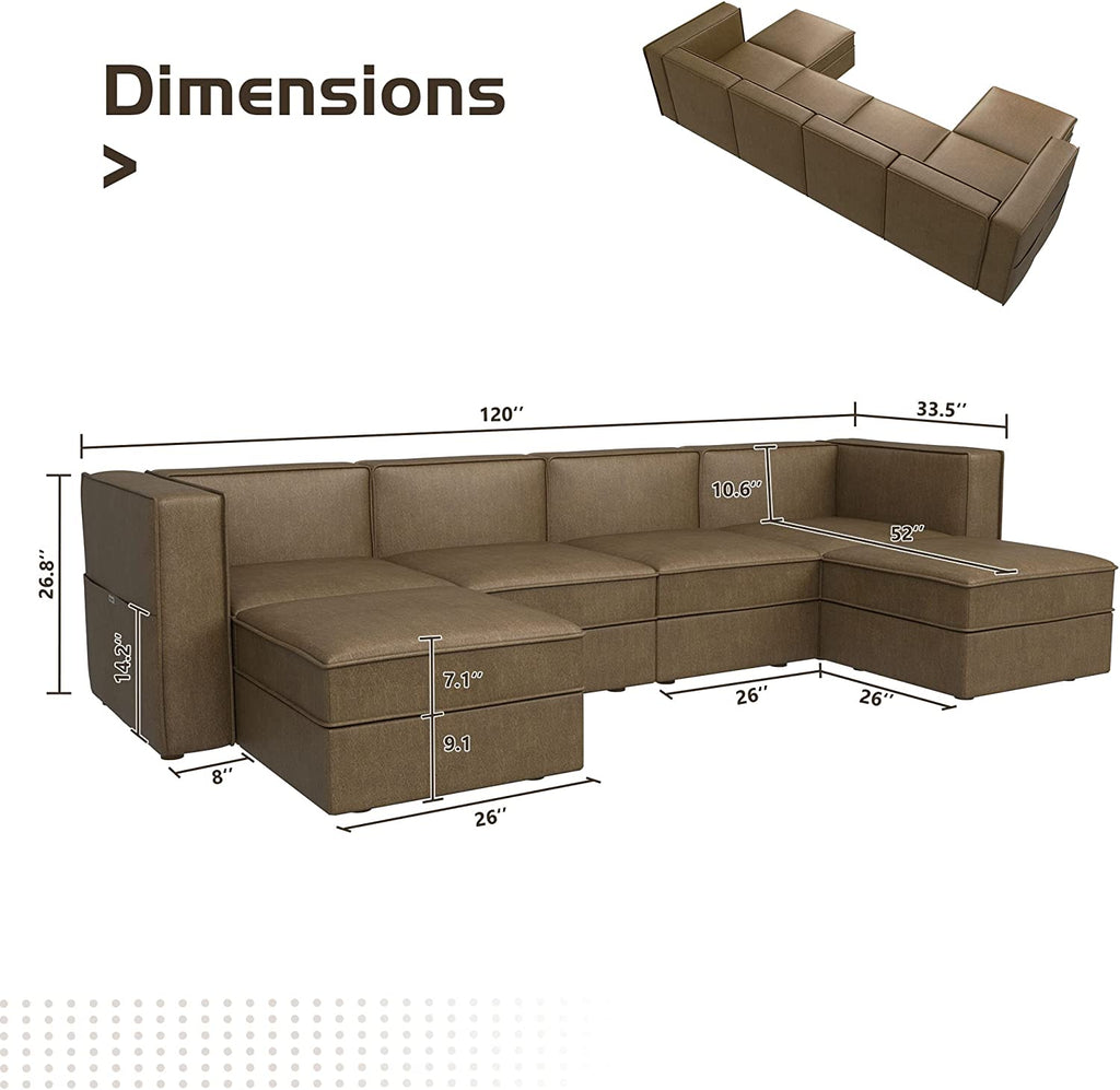Convertible Sectional Sofa, U Shaped Couch with Storage Seats, Modular Sofa Couch with Convertible Chaise, Huckleberry Brown