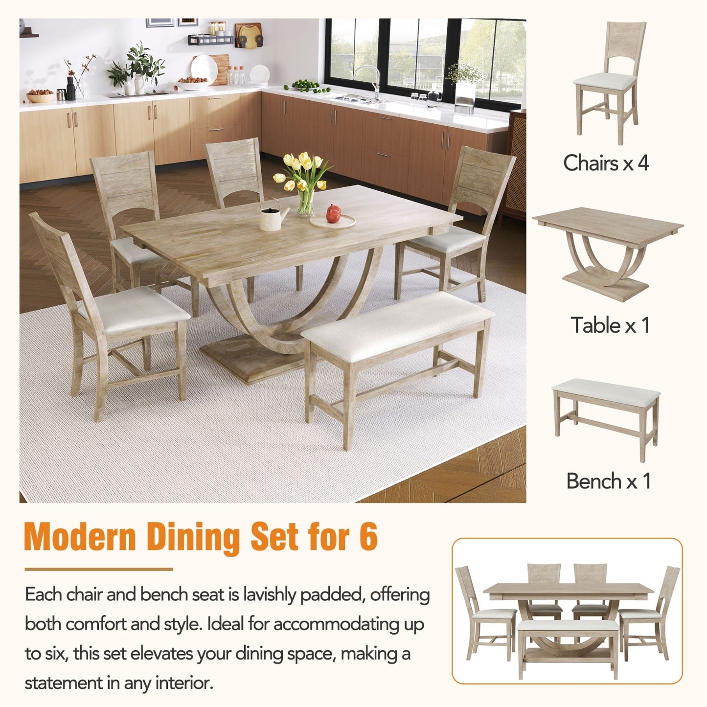 TopMax 6-Piece Half-Round Wood Dining Set — Bench + 4 Chairs | Elegant & Space-Saving
