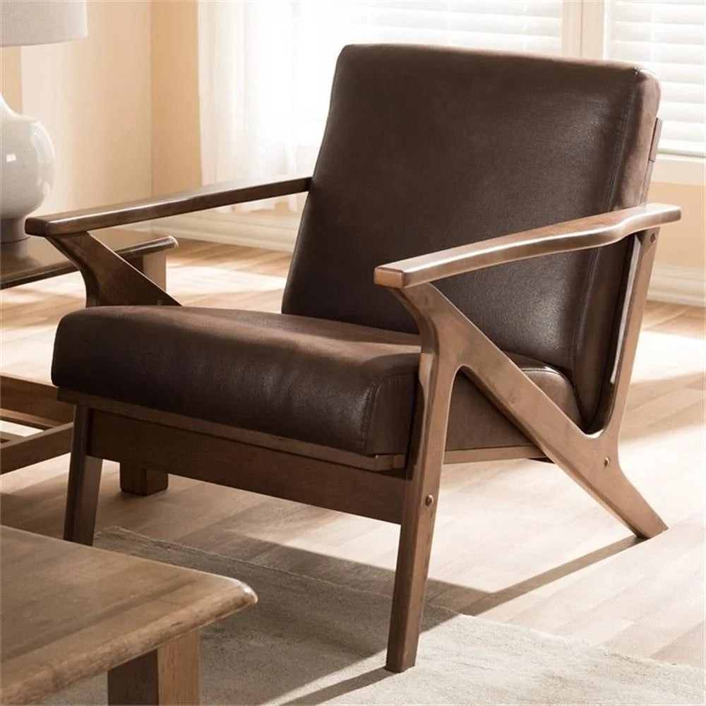 Baxton Studio Bianca Mid-Century Modern Walnut Wood Dark Brown Distressed Faux Leather Lounge Chair