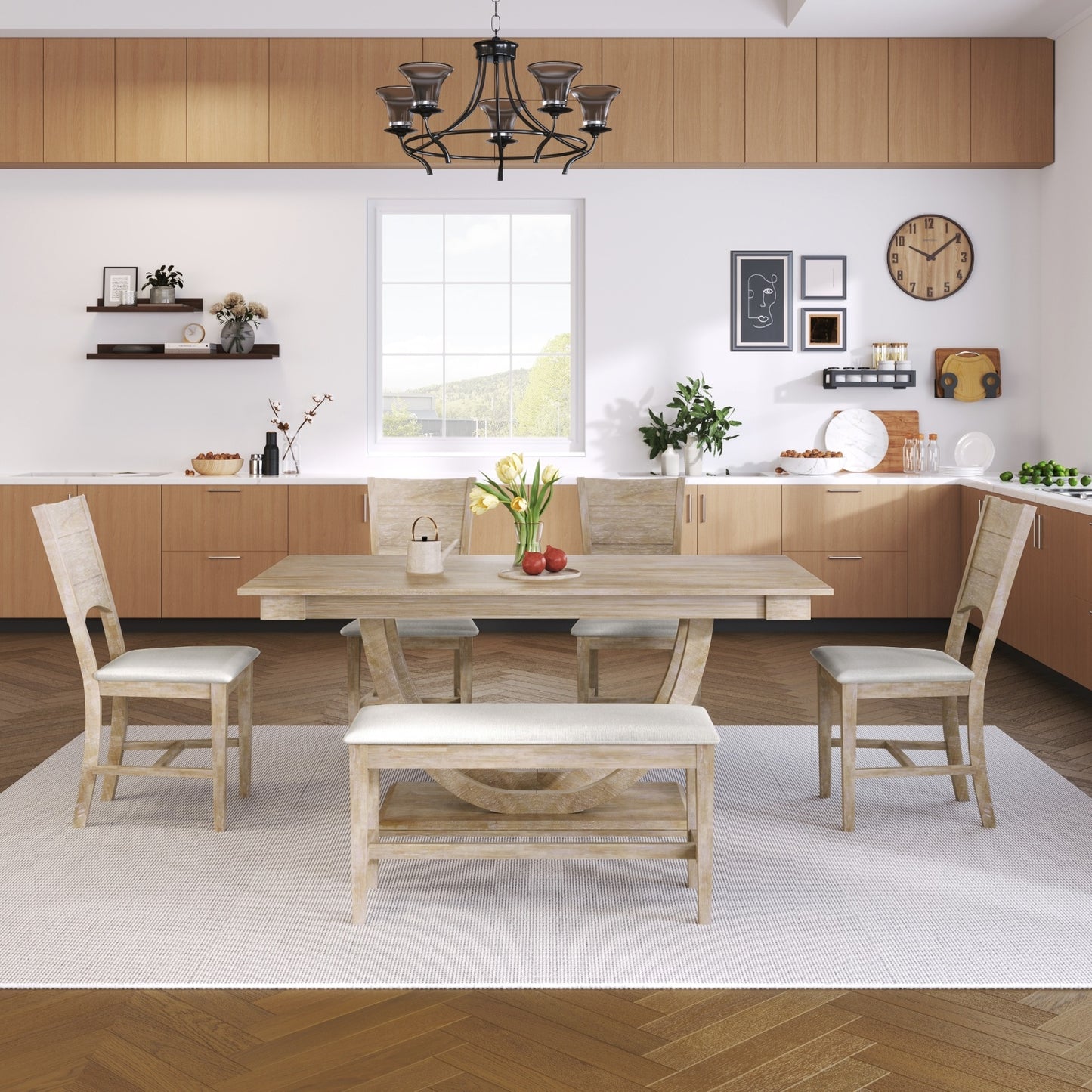 TopMax 6-Piece Half-Round Wood Dining Set — Bench + 4 Chairs | Elegant & Space-Saving