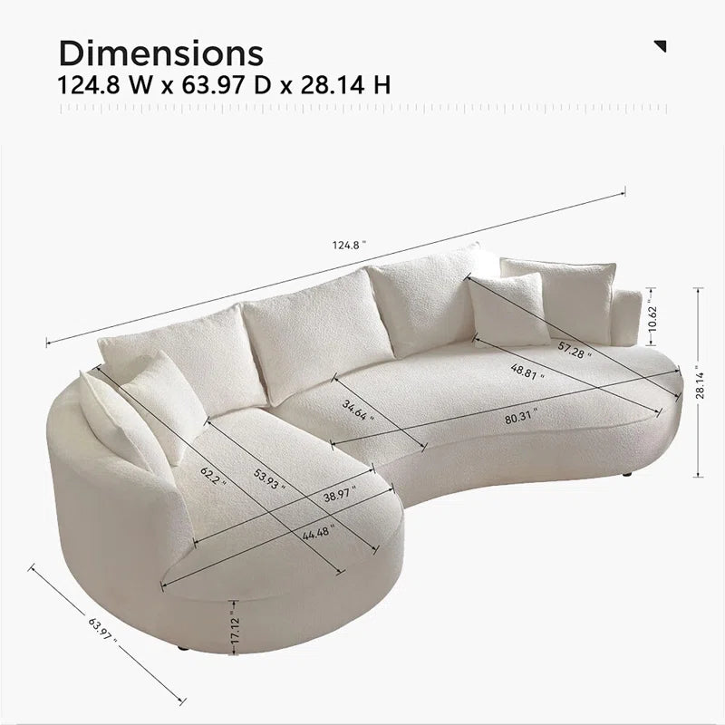 125" Modern Curved Sectional Sofa Couch with Chaise, Upholstery Boucle Sofa Couch with Pillows,Sectional Boucle Fabric Couch for Living Room