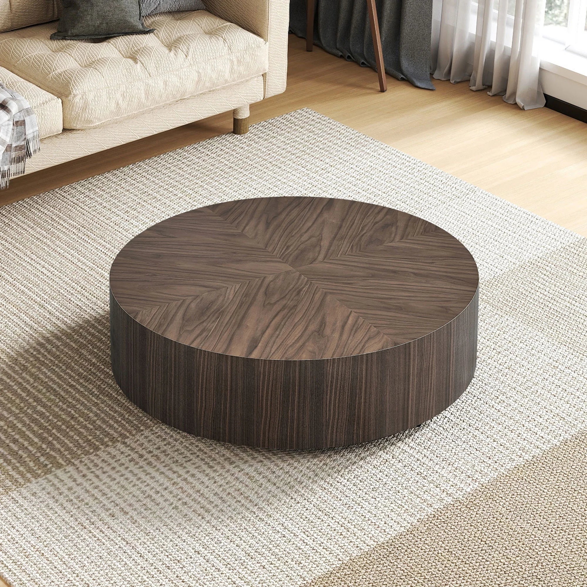 35.43 Inch Modern round Coffee Table MDF Coffee Table for Living Room,Drum Center Table for Apartment,No Need Assembly,Walnut