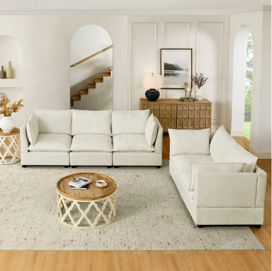 2-Piece Chenille Fabric Sofa Set – 3-Seater & Loveseat | Beige-White Luxury Comfort