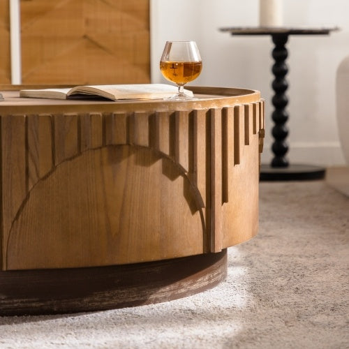 Round Solid-Wood Veneer Coffee Table — Handcrafted Relief Design, Sturdy Pedestal Base