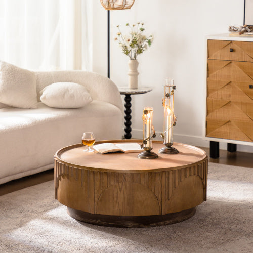 Round Solid-Wood Veneer Coffee Table — Handcrafted Relief Design, Sturdy Pedestal Base