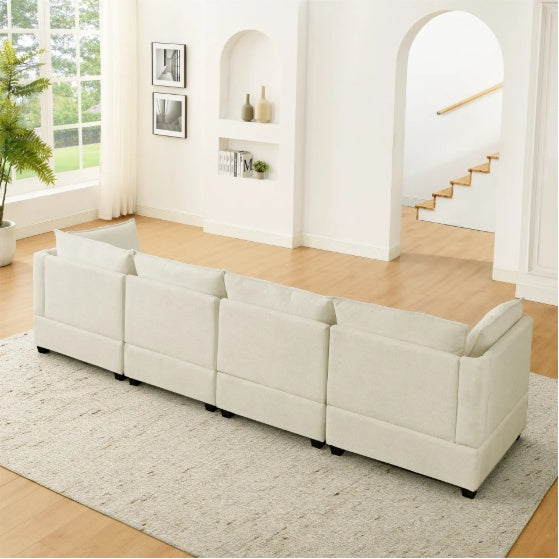 Convertible 4-Seat Cloud Sectional Sofa with Ottoman – L-Shaped, Padded Armrests, Beige/Beige-White
