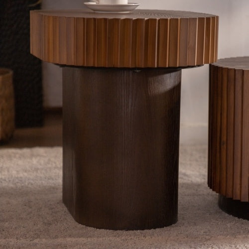 Handcrafted Round Nesting Coffee Table Set of 2 — Wave-Edge Wooden Fluted Design