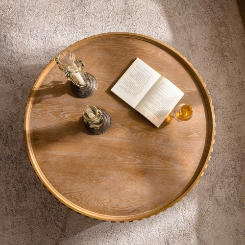 Round Solid-Wood Veneer Coffee Table — Handcrafted Relief Design, Sturdy Pedestal Base