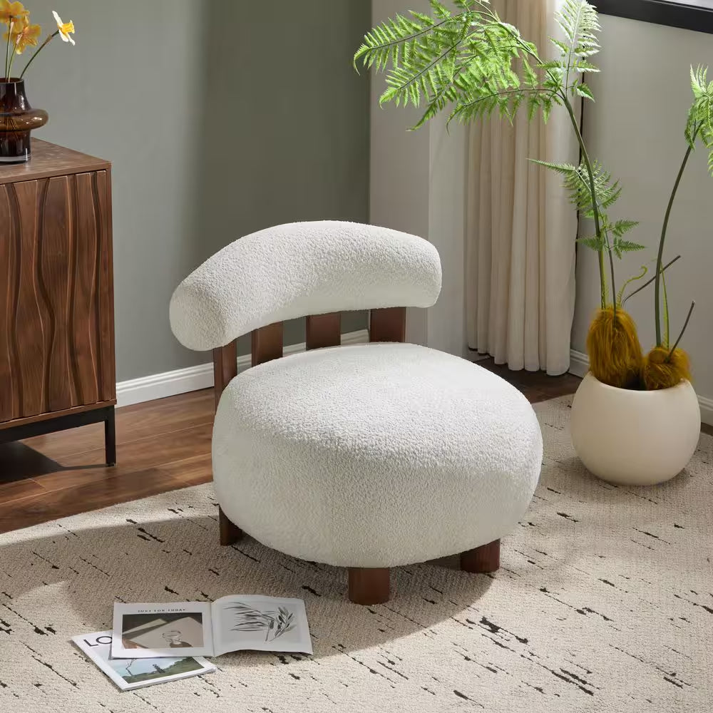 Amelia off White and Walnut Boucle Fabric Upholstered Accent Slipper Chair, Solid Wood