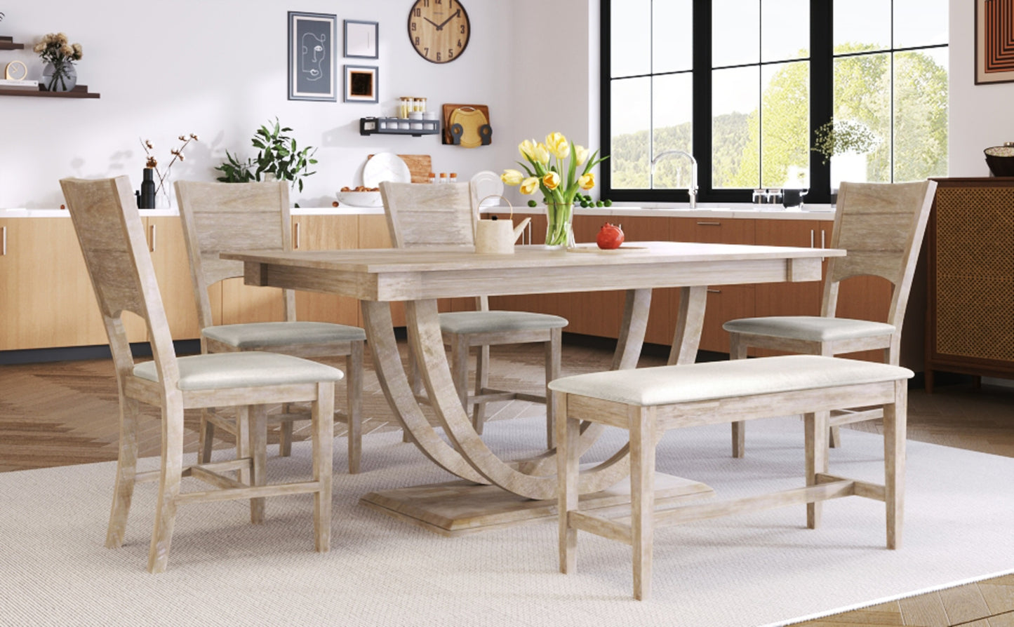 TopMax 6-Piece Half-Round Wood Dining Set — Bench + 4 Chairs | Elegant & Space-Saving