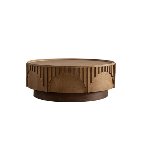 Round Solid-Wood Veneer Coffee Table — Handcrafted Relief Design, Sturdy Pedestal Base