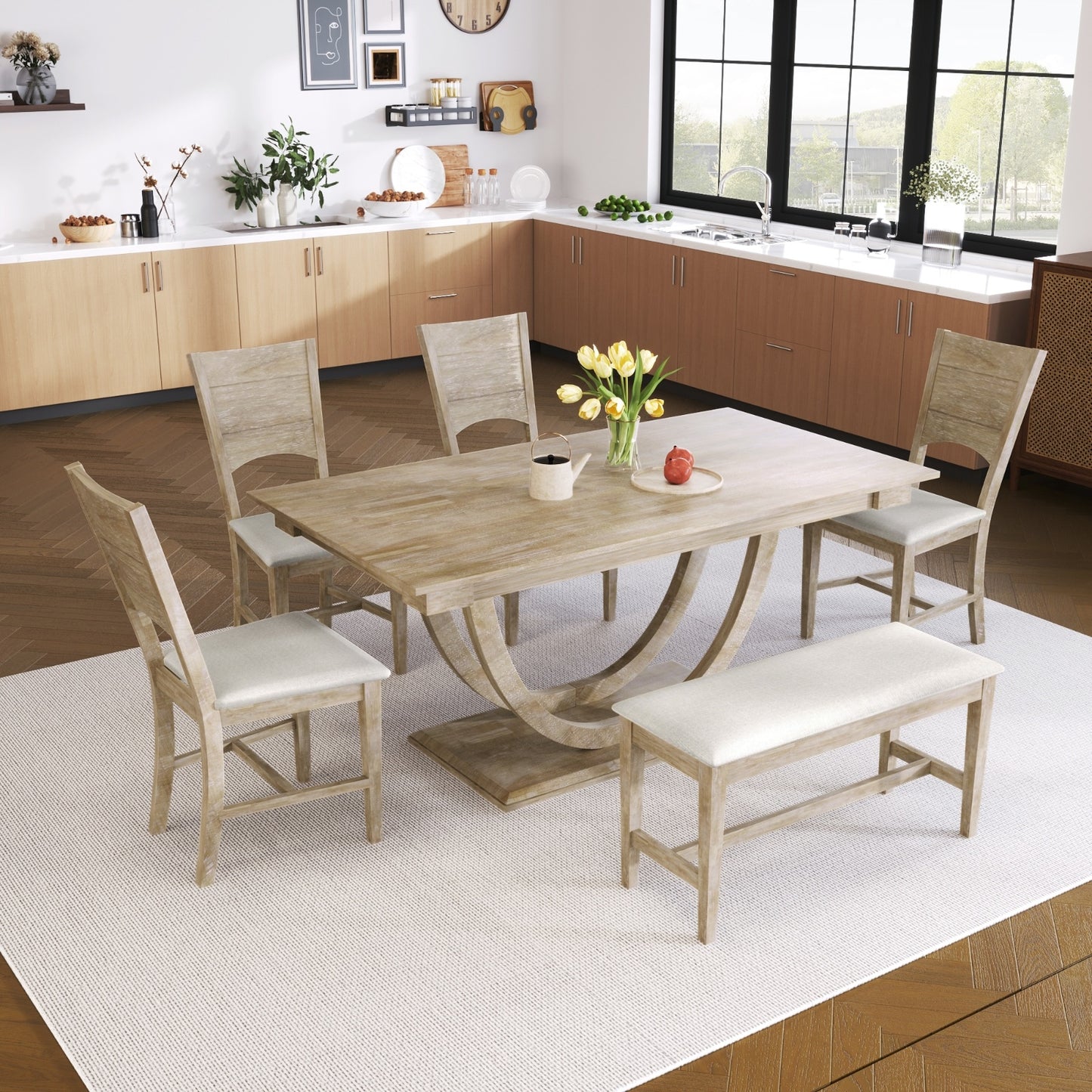 TopMax 6-Piece Half-Round Wood Dining Set — Bench + 4 Chairs | Elegant & Space-Saving