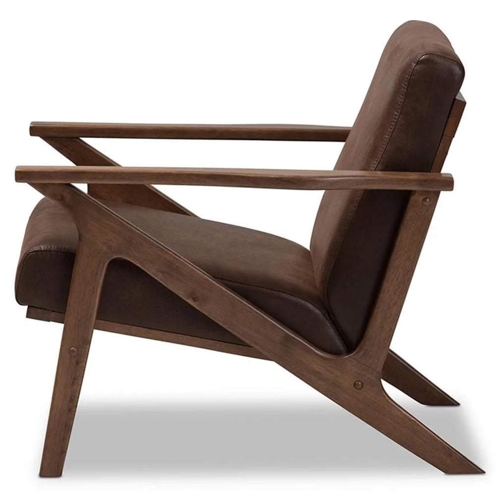 Baxton Studio Bianca Mid-Century Modern Walnut Wood Dark Brown Distressed Faux Leather Lounge Chair