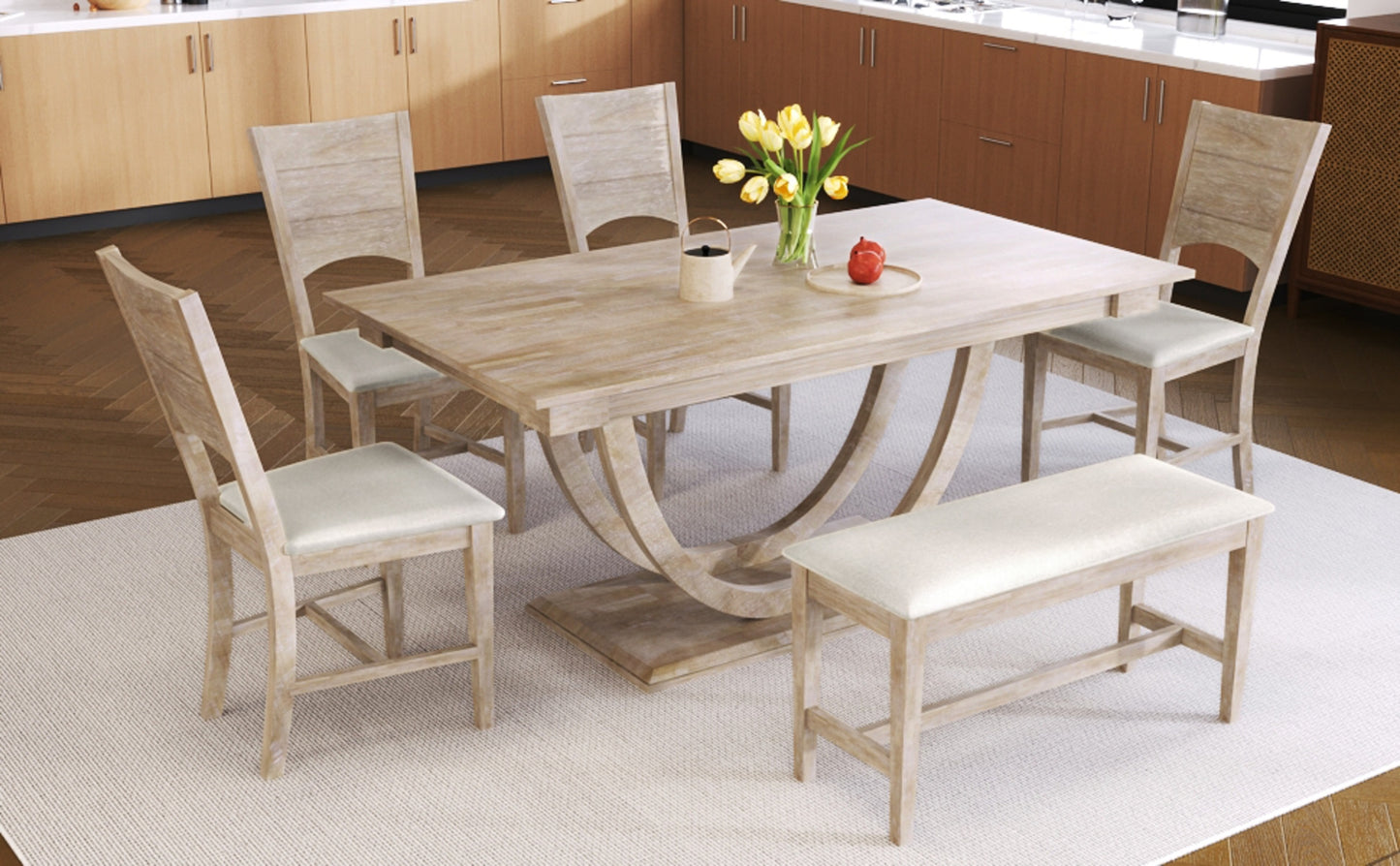 TopMax 6-Piece Half-Round Wood Dining Set — Bench + 4 Chairs | Elegant & Space-Saving