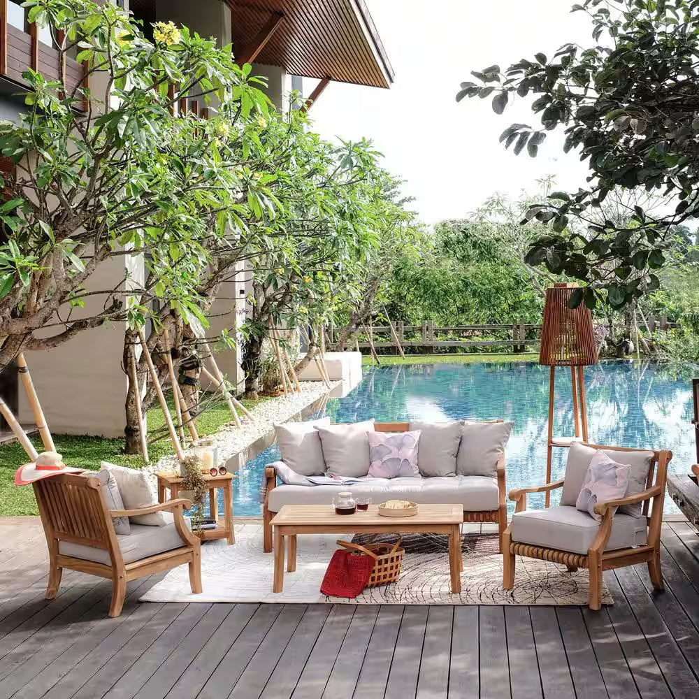 Mosko Premium Indonesia Teak Wood Outdoor Lounge Chair with Beige Cushion