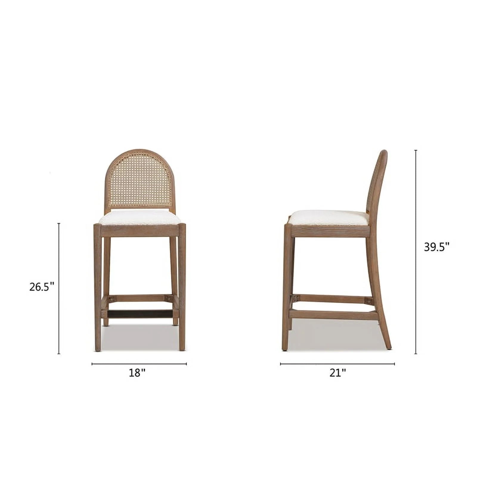 Panama 26.5" Curved Back Cane Rattan Set of 2 Counter Height Bar Stools in Ivory White Boucle