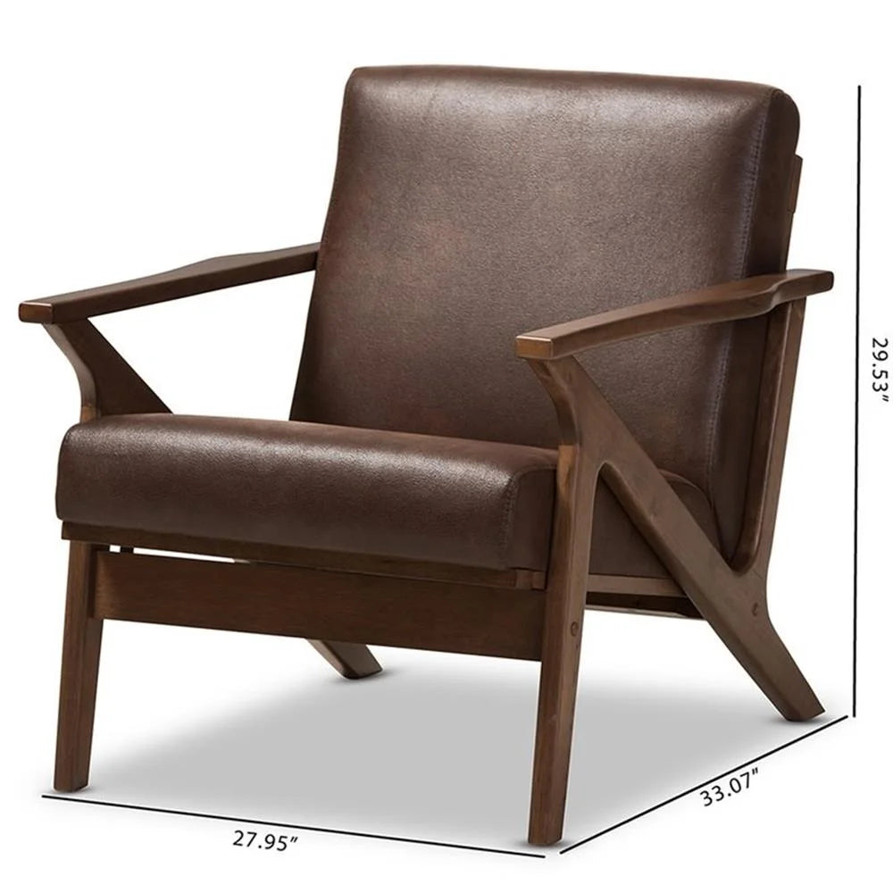 Baxton Studio Bianca Mid-Century Modern Walnut Wood Dark Brown Distressed Faux Leather Lounge Chair