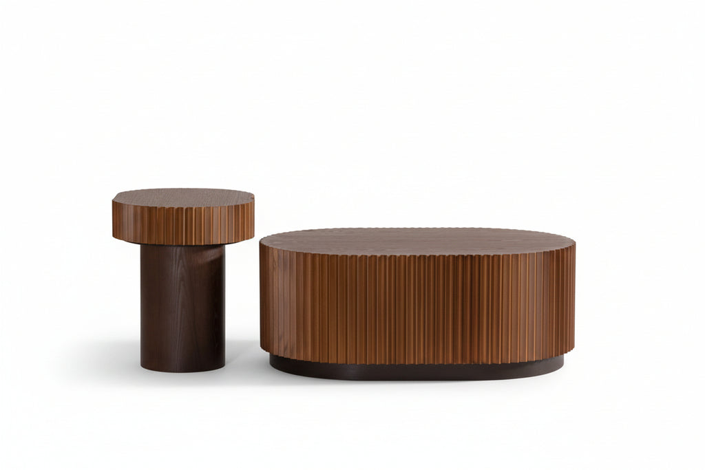 Handcrafted Round Nesting Coffee Table Set of 2 — Wave-Edge Wooden Fluted Design