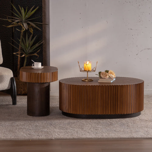 Handcrafted Round Nesting Coffee Table Set of 2 — Wave-Edge Wooden Fluted Design