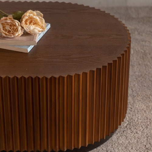 Handcrafted Round Nesting Coffee Table Set of 2 — Wave-Edge Wooden Fluted Design