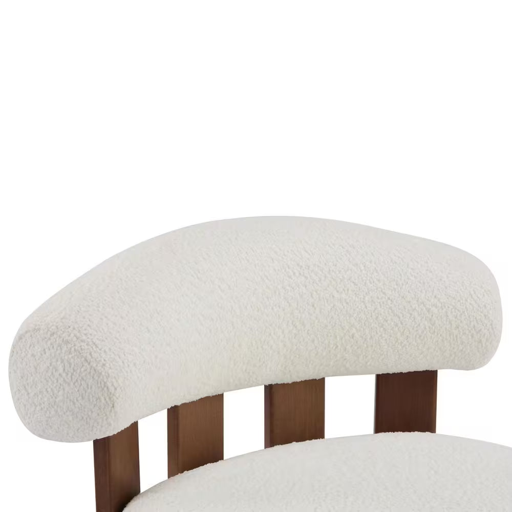Amelia off White and Walnut Boucle Fabric Upholstered Accent Slipper Chair, Solid Wood