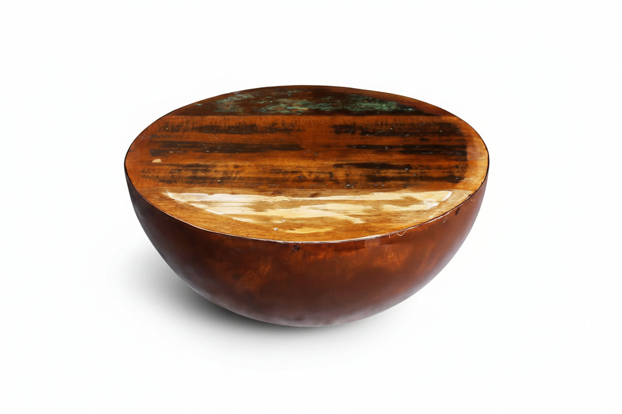 Rustic Bowl-Shaped Solid Reclaimed Wood Coffee Table