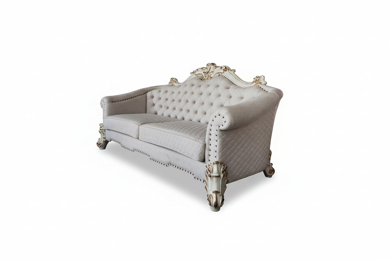 89" Vendome II Sofa: Traditional Off-White Upholstered with Tufted Nailhead Trim, Antique Finish, 3 Accent Pillows