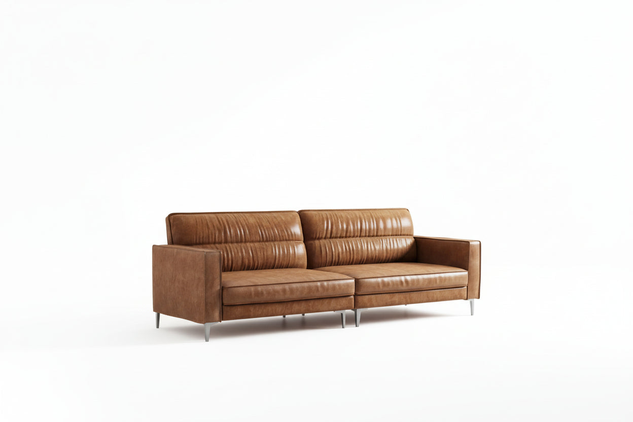 Luck Live Modern 86.61 Inch Luxury Brown Oil Wax Leather Couch – High-End Vintage Sofa with Sturdy Frame and Cozy Feel.